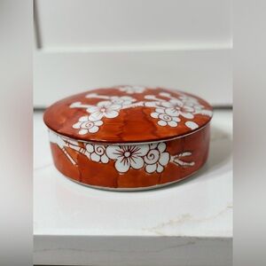Vintage Hand Painted Porcelain Trinket Box Red White Floral Jewelry Box